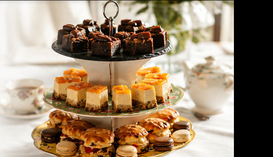 Afternoon Tea stand with cakes, scones and pastries at Village Limits