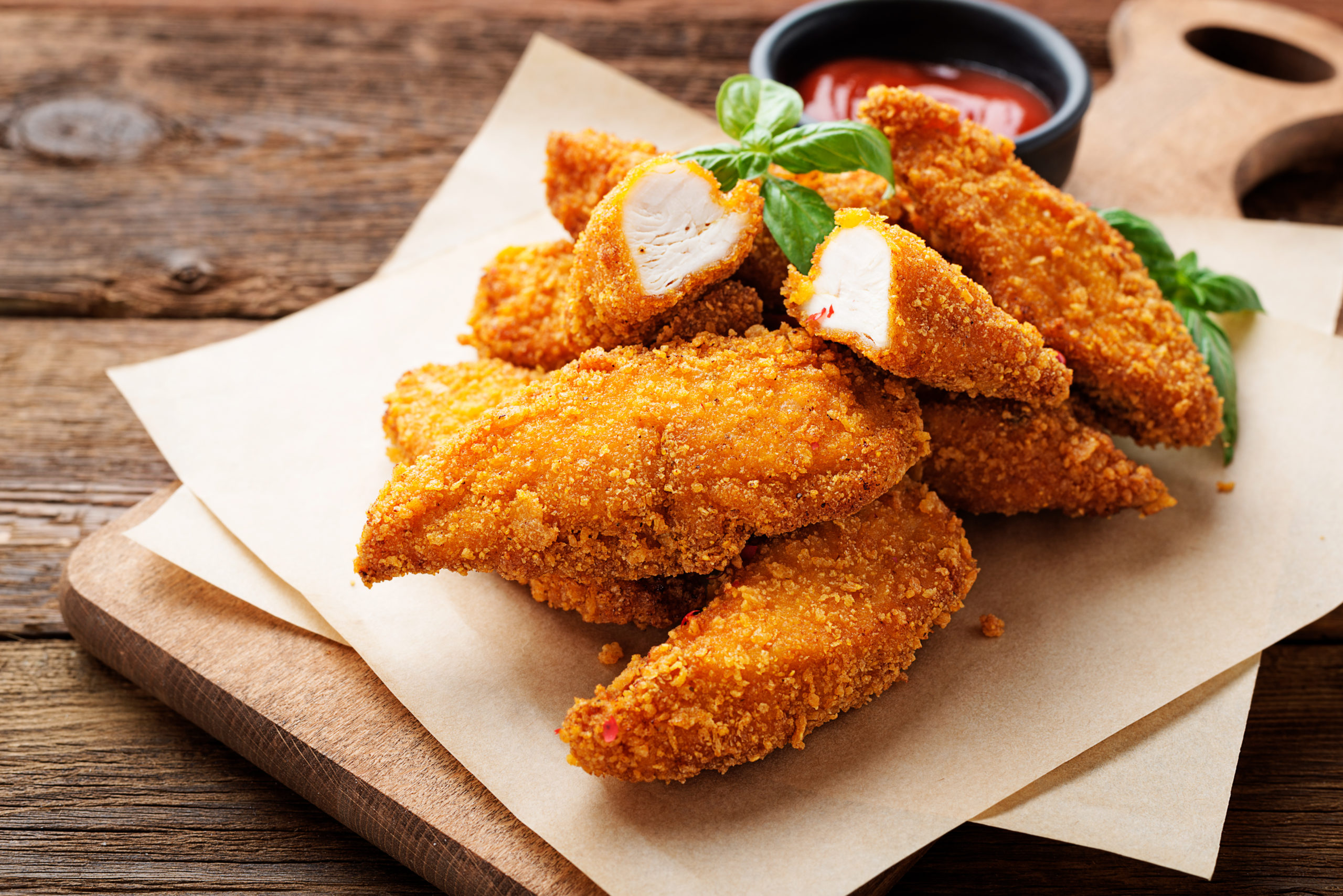 Delicious,Crispy,Fried,Breaded,Chicken,Breast,Strips,.